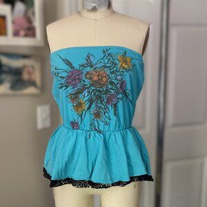 CRAFTY COUTURE Turquoise Floral Y2K Smocked waist Strapless TANK Shirt *X-SMALL*